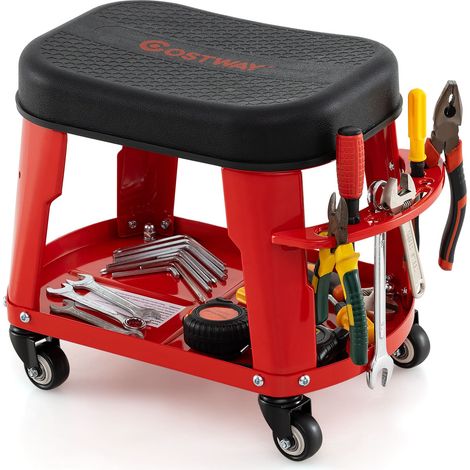 COSTWAY Garage Rolling Stool Mechanic Automotive Creeper Seat w/Storage-Red