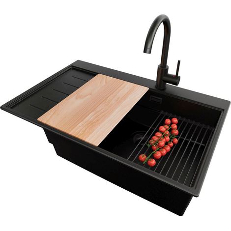 PRIMAGRAN Evier Cuisine en Granit 78x50cm,Lavabo 1 bac + Robinet 32x20cm + Kit de Vidage + Accessoires, Évier à Encastrer au meuble 60cm - Sydney, Tout Noir
