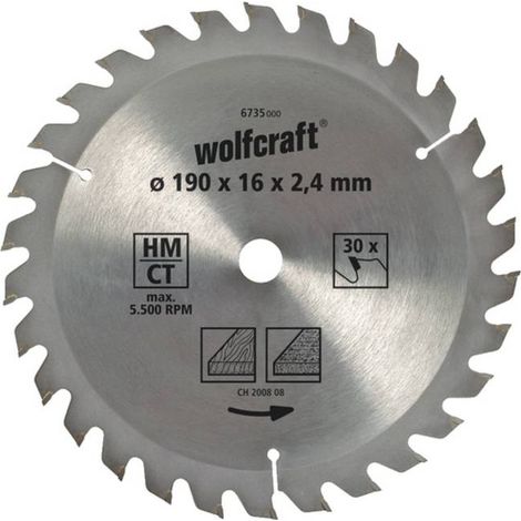 Wolfcraft – Lame de scie circulaire 190mm – Carbure de tungstène – 30 dents pour bois – Ø alésage 16mm – Largeur de coupe 2.4mm (1/5)
