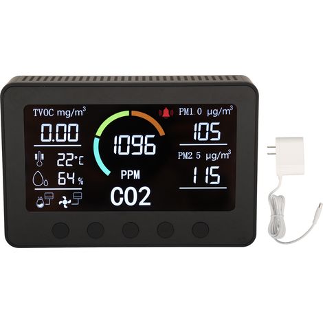 Détecteur de qualité d'air Noir CO2 TVOC PM2.5 WiFi, grand écran 7 pouces, moniteur de température et d'humidité, prise US 100-240V AC (1/5)