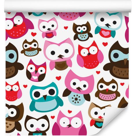 Papel pintado con corazones de búhos de colores para salón y dormitorio, 50x1000 cm. (1/5)