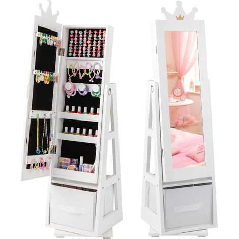 Mobiletto portagioie per bambini con specchio indipendente 31,5 x 30 x 122 cm grande capacità di stoccaggio e base girevole MDF bianco 200010198