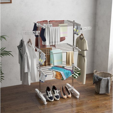 CHICFURN Stendibiancheria pieghevole a 3 livelli con ruote 142 x 55 x 152 cm bianco (1/5)