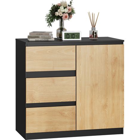 Commode large 3 tiroirs avec 1 porte et 2 étagères, meuble de rangement moderne pour salon, chambre ou entrée, 80 x 75 x 40 cm, noir et chêne (1/5)