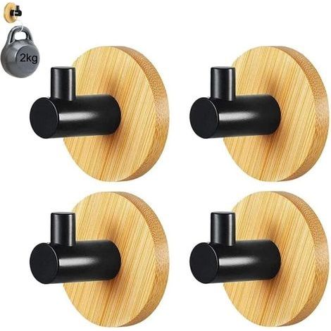 4 Pièces Crochets Auto Adhésifs, Crochet de Peignoir, Peignoir Crochet de Serviette, Crochets à Serviettes en Bambou, pour Manteau Suspendu, Ceinture, Clés, Casque, Noir, Couleur du Bois (1/4)