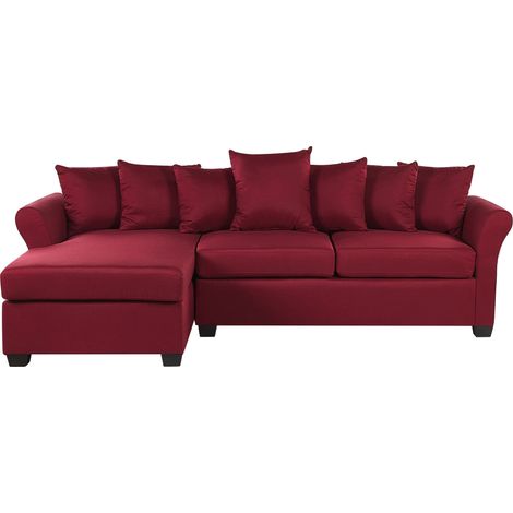 Canapé d'Angle Côté Droit Fixe en Tissu Rouge Foncé de Qualité avec Coussins Extra Idéal pour 3 Personnes et Salon Moderne Rétro et Scandinave Beliani (1/5)