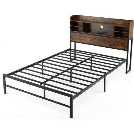 COSTWAY Double Size Bed Frame with Adjustable LED Lights Charging Ports Black (1/5)