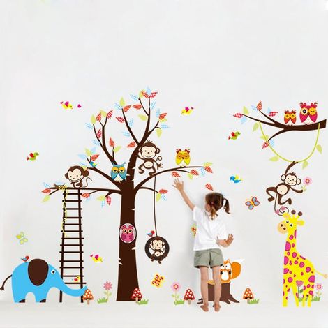 Riesige Wandaufkleber zum Selbstkleben für Kinder – Baum, Affe, Giraffe und Vögel