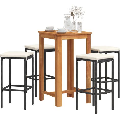 5-tlg. Gartenbar-Set Schwarz Massivholz Akazie und Poly Rattan