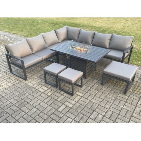 Fimous Aluminium Lounge Corner Sofa Outdoor Garden Furniture Sets Gas Fire Pit Dining Table Set with 3 Footstools Dark Grey (1/5)