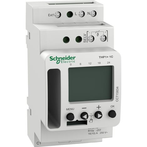 Schneider – Thermostat programmable 1 canal – Commande à 4 boutons – Précision +/- 0,25 s/jour – Mode confort 10...30 °C – Rail DIN TH35 (1/3)