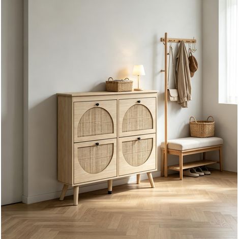 Mueble zapatero 105x24x97,5 cm de ratán y paneles, natural – MEUBLIV (1/5)