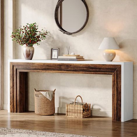 Tribesigns Table Console Longue de 180 cm, Table d'Appoint Étroite en Bois de Style Ferme Derrière le Canapé pour Salon, Entrée, Couloir, Hall d'Entrée, Blanc + Marron (1/5)