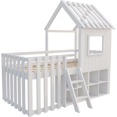 Cama infantil cabaña 90 x 200 cm con techo, ventana, almacenaje y escalera, blanca (1/5)