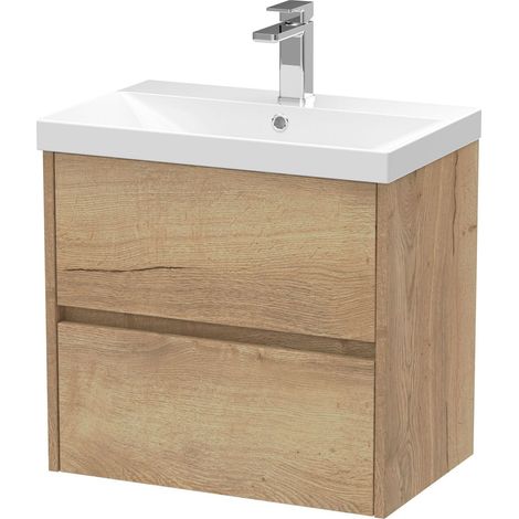 Chartley Contemporary 2 Drawer Wall Hung Vanity Unit with Thin Edge Basin, Autumn Oak, 600mm
