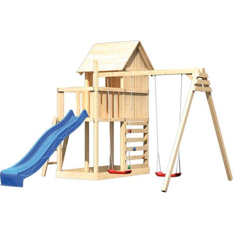 Akubi Stelzenhaus Frieda natur Rutsche blau+DS+Kletterwand