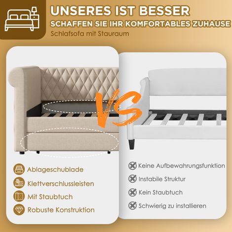 Lit capitonné rétro avec tête de lit, convertible 90x200 cm, canapé banquette avec 2 tiroirs, couchage enfant ou ado, sommier à lattes bois, lin beige (sans matelas) (1/5)