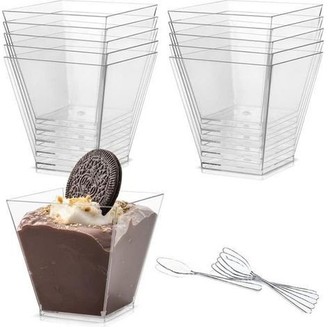 50 Plastique Réutilisables, Coupes à dessert durable avec Cuillères, Transparent Tasses à Dessert, Bols à Dessert en (1/4)