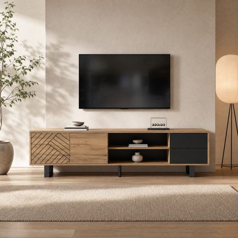 Meuble TV 180x40x50 cm, 2 tiroirs, noir naturel HAVRYA (1/5)