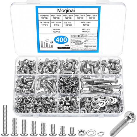 400 Pièces Kit de Vis M6, Vis Tête Bombée Hexagonale Interne avec Écrous, Vis Métalliques M6 en Acier Inoxydable, Ensemble de Vis avec Rondelles (1/5)