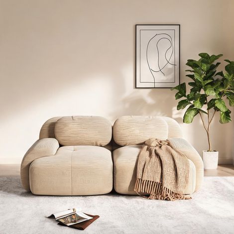 Canapé d'angle modulable 2 places en tissu beige en corduroy (1/5)