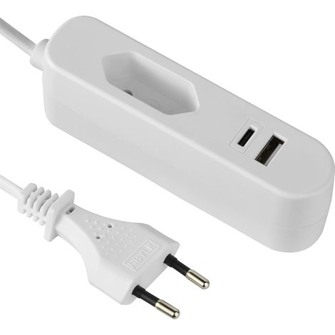 Extension électrique Adaptateur de Voyage européen (Type Europlug C) / Chargeur de Charge Rapide Portable avec 2 Ports USB 2.4A (1 USB type A + 1 USB type C), 1.5M de câble, Blanc (1/5)