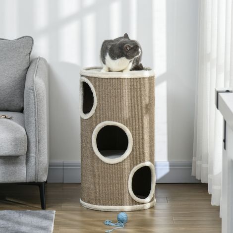 Niche pour chat 3 niveaux avec griffoir sisal et peluche, Ø38 x 70 cm, couleur marron (1/5)
