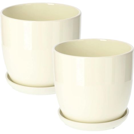 KOTARBAU Lot de 2 pots de fleurs en céramique pour fleurs et plantes - Diamètre : 20 cm - Avec bac d'égouttement - Beige (1/5)