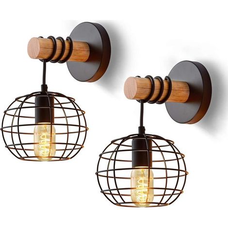Lot de 2 appliques murales vintage d'intérieur, lampes rondes rétro industrielles noires en fer et bois, douille E27, idéales pour un escalier, un couloir, un café, un bar, un restaurant, un hôtel, un (1/5)
