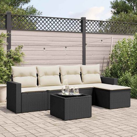 Salon de jardin 6 pcs en résine tressée noire avec rangement et coussins blanc crème, 49.8kg - PANGIVO (1/3)