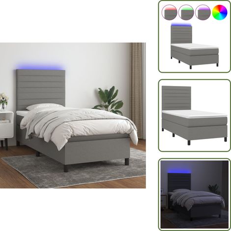 The Living Store Sommier à lattes de lit avec matelas et LED Gris foncé 90x190cm - Sommier Tapissier - Lit Avec Led - Matelas À Ressorts Ensachés - Têted Lit Ajustable - Éclairage LED (1/5)