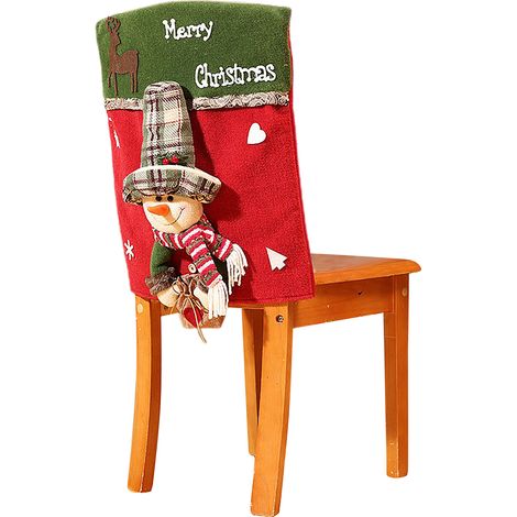 (Stuhlhusse-001-B) Weihnachtliche Tisch- und Stuhlhussen, Weihnachtsmann- und Schneemannmotiv, Stuhlhussen mit roten und grünen 3D-Figuren, Heimdekoration (1/3)