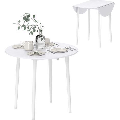 Modern Round Drop Leaf Dining Table for 4,Compact Folding Kitchen Table with Wood Legs,White Space-Saving Design