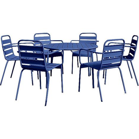 Salle à manger de jardin en métal - une table ronde D.130cm et 6 fauteuils empilables - Bleu nuit - MIRMANDE de MYLIA