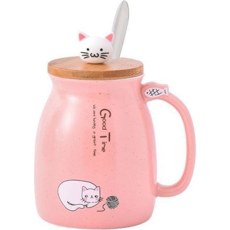 1 Tasse à café,Céramique,Motif chat,Avec couvercle bois et cuillère,Bureau Maison (1/3)