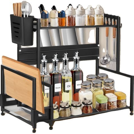 Estante para especias, diseño de 2 niveles, acero al carbono y plástico, 6 ganchos adicionales, organizador de cocina, soporte para tabla de cortar (1/5)