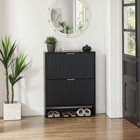 Schuhschrank, 80x24x102 cm, platzsparender Schrank für Eingang und schmalen Flur, modernes MDF mit geriffelter Front und verstellbaren Einlegeböden, Schwarz (1/5)