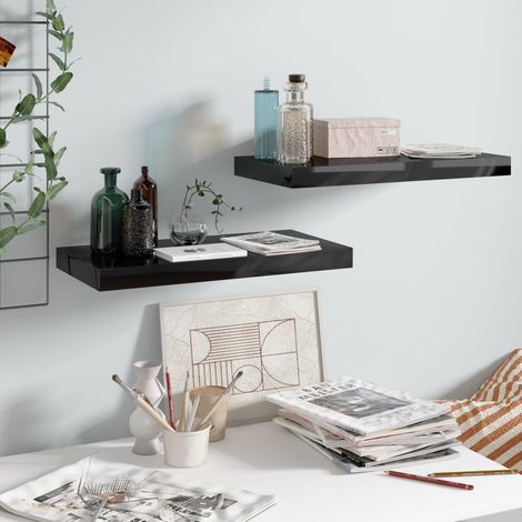 Lot de 2 Étagère murale flottante Étagère suspendue Noir brillant 50x23x3,8 cm MDF BRZH293482 (1/5)