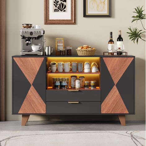 Credenza cucina 150x40x90 cm in MDF nero con LED e vani portaoggetti - MEUBLIV (1/5)