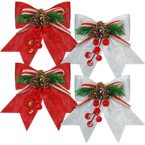 nœuds décoratifs de Noël à paillettes rouges pour sapin, arches de sapin, guirlandes et couronnes (rouge, argent, 17,8 x 17 cm) (1/5)