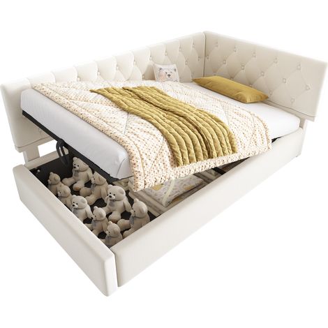 Lit capitonné jour 90x200, banquette avec coffre hydraulique, lit enfant ado cadre sommier bois, velours, beige, matelas non inclus, gain de place, pour chambre enfant (1/5)