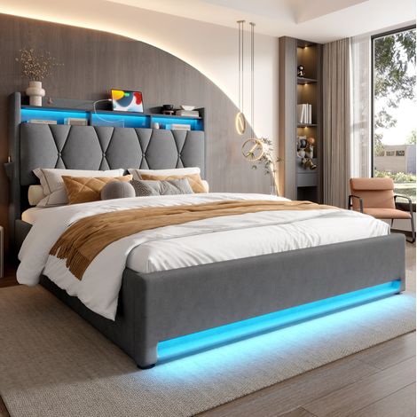 lit adulte coffre rangement LED 140x200 velours gris OKMYHOME (1/5)