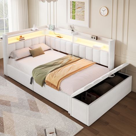 Lit coffre 90x200 cm 1 places, lit double, lit banquette en lin beige, rangement hydraulique, banc coffre, tête de lit réversible, LED, USB-A/USB-C (1/5)