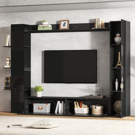 Wohnwand Set 4-teilig, TV-Schrank Hochglanz Weiß, Kompaktwohnwand mit viel Stauraum, 245x170cm (1/5)