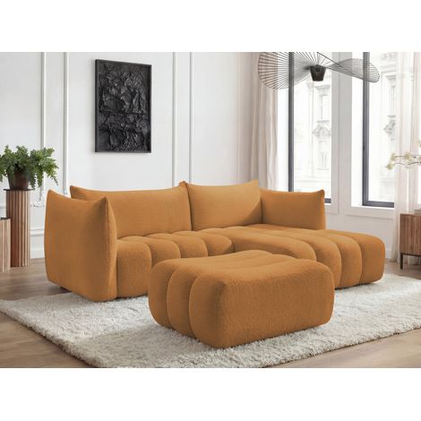 BOBOCHIC - Canapé d'angle fixe AZRA tissu bouclette avec pouf Angle droit  Jaune