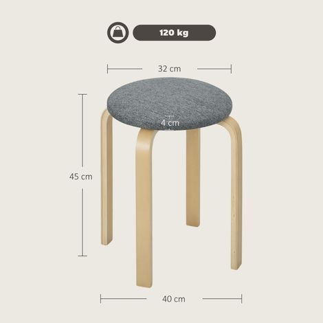 Set de 4 tabourets de bar ronds empilables, poufs de cuisine en lin gris, sièges rembourrés pour salle à manger, salon et cuisine. (1/5)