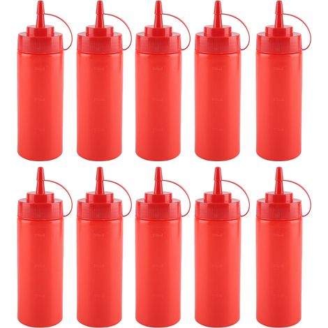 Flacon souple plastique 340ml, lot de 10 distributeurs de sauce, huile, crème et vinaigre, rouge, pour cuisine et restaurant. (1/5)