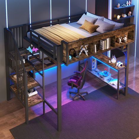 AMXCNOY Lit mezzanine vintage marron et noir 140x200 cm avec bureau d'angle, espace de rangement et panneau perforé, prise USB Type-C et LED, grand lit mezzanine EN747 (sans matelas) (1/5)