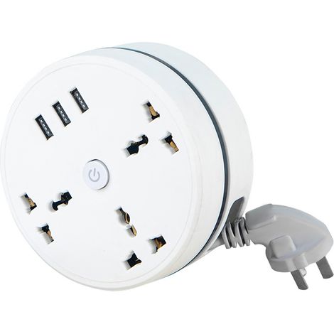 Multiprise Ronde avec 3 Prises Universelles + 3 USB, Câble Enroulable 1.8m, Prise Schuko (1/4)