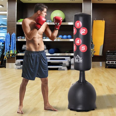 Saco de Boxeo de Pie 165 cm con Base Rellenable de Agua 22,5 kg o Arena 27,5 kg y Ventosas de Goma para Adultos y Niños 50x50x165 cm Negro (1/5)